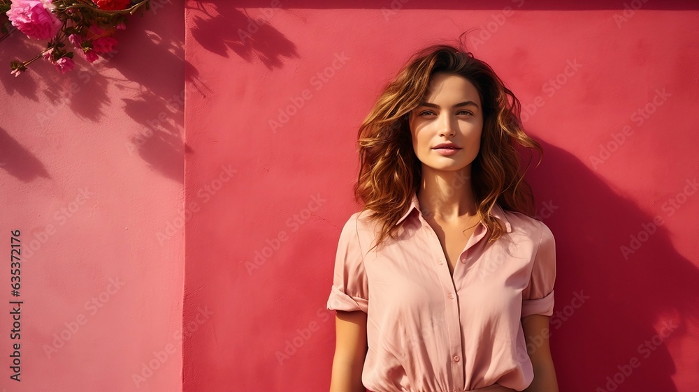 Pretty brunnete curly haired woman in pink shirt by bright wall
