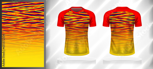 Vector sport pattern design template for V-neck T-shirt front and back with short sleeve view mockup. Red-yellow-orange-blue color abstract line texture background illustration.