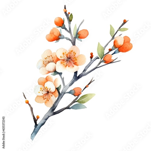 Branch of a tree with flowers on white background