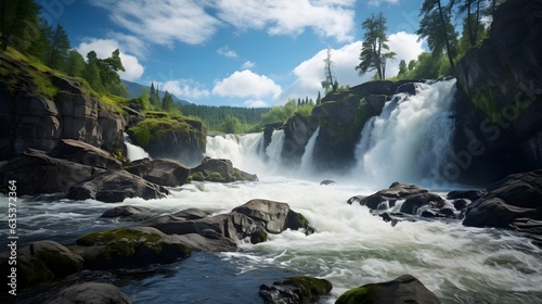 The most beautiful waterfall on a sunny day with blue sky and white clouds
