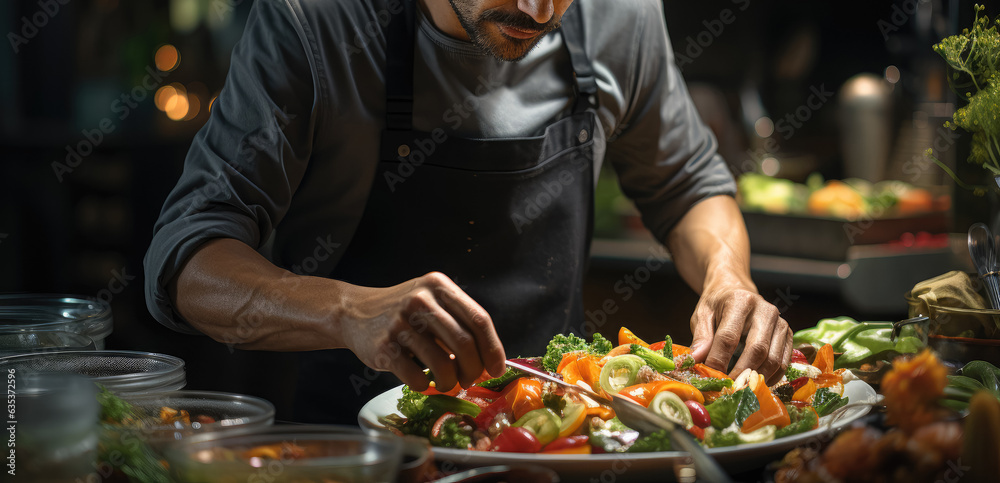 Chef serving a plate of fresh vegetable salad in a kitchen, preparing a vegetarian vitamin salad. Generative Ai.