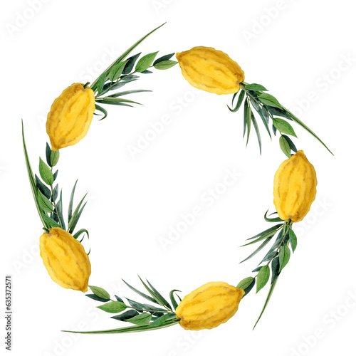 Etrog lemon fruit with green branches round wreath watercolor  isolated on white background for Jewish Sukkot holiday greeting cards, stickers and invitations