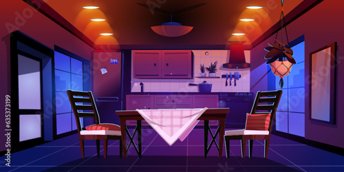 Modern kitchen in urban apartment at night. Vector cartoon illustration of spacious dining room illuminated with lamps, table and chairs, fridge, oven, cooker, evening cityscape view in large window