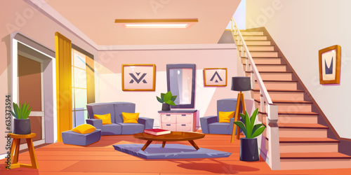 Scandinavian style living room design with furniture. Vector cartoon illustration of light house interior, grey couch and armchairs with yellow cushions, mirror and abstract pictures on wall, stairs