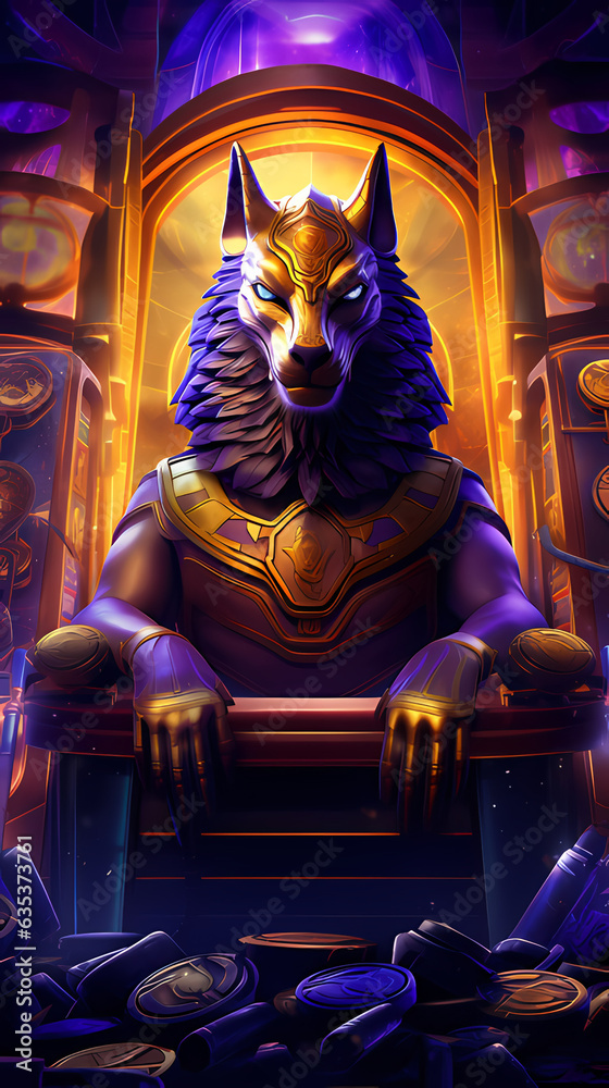 Fototapeta premium Illustration for casino slot games. Egyptian mythology. Anubis. Golden coins, purple background.