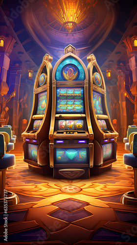Illustration for casino slot games. Egyptian mythology. Anubis. Golden coins, purple background.