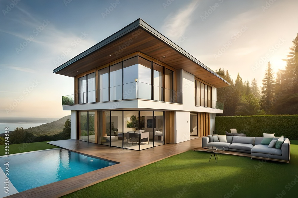 Fototapeta premium Beautiful Luxury Home Exterior with Balcony and Green Grass on Sunny Afternoon