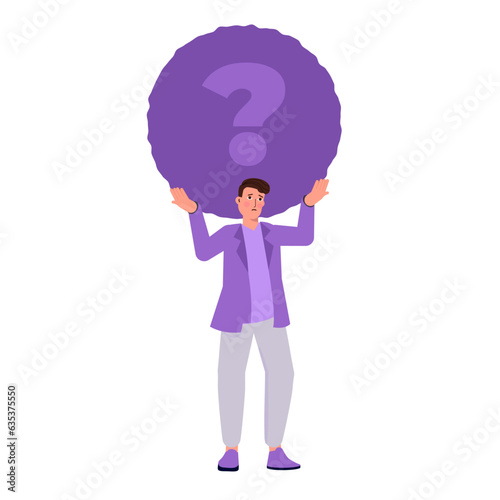 Man carrying heavy stone. Concept of difficult task, overburdened person, adverse conditions. Vector illustration.