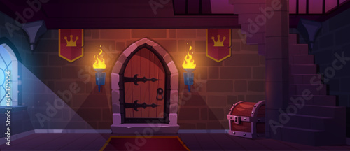 Game medieval wooden castle door to prison cartoon background. Fire with torch on wall, treasure chest and gate with stone brick masonry ancient interior. Vintage fortress with stairs and column