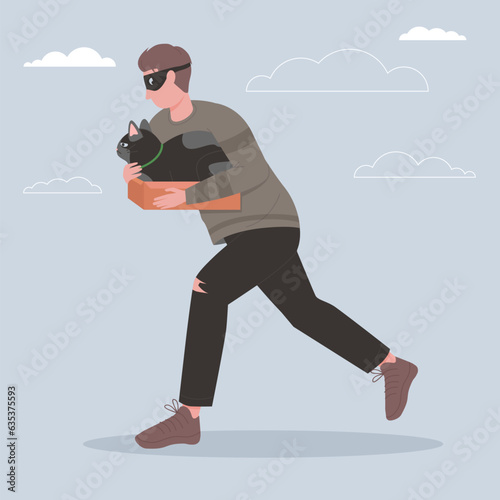 Cat theft vector illustration. Cartoon male thief character in hoodie and mask stealing cute animal in box, man burglar running to steal funny black kitten, pet burglary by bandit and hooligan