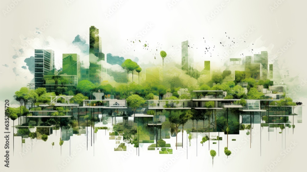 Urban Renewal: Abstract portrayal of urban revitalization through green infrastructure and sustainable architecture. | generative AI