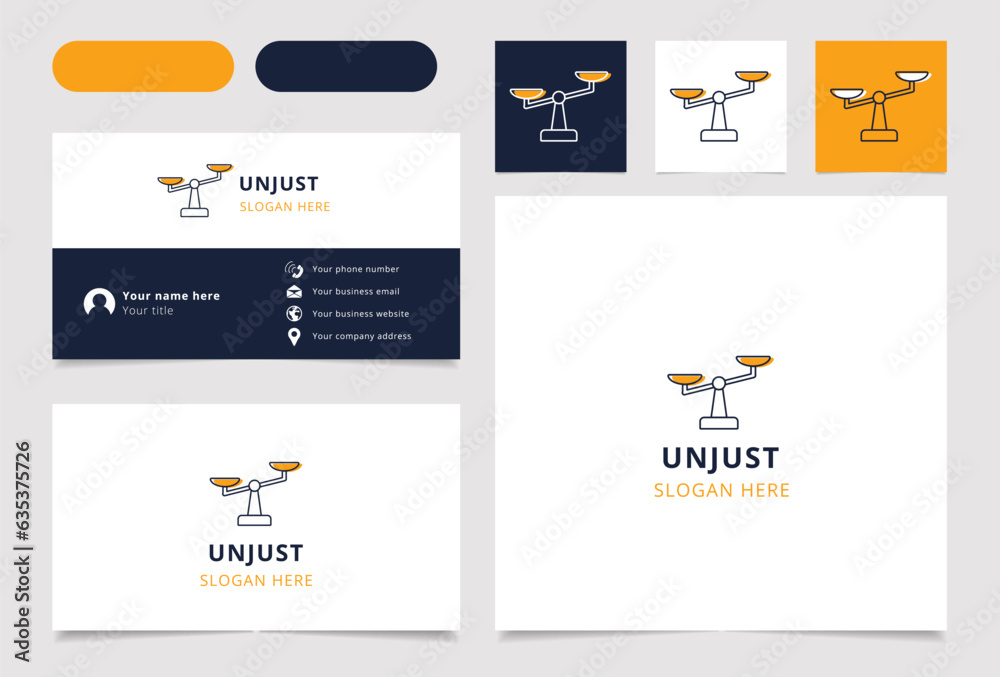 Unjust logo design with editable slogan. Branding book and business card template.