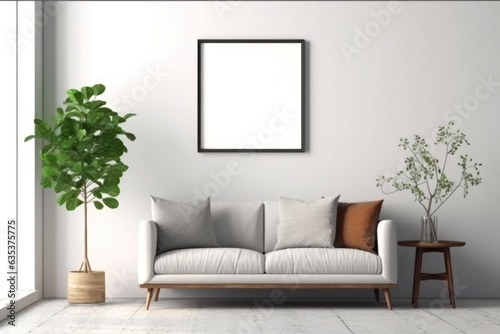3d rendering of a living room with a couch and a blank white board on the wall Genarative AI.
