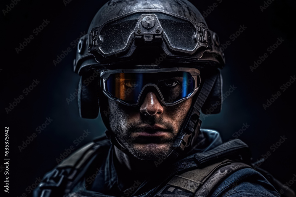 A close-up of a soldier's face, adorned with a helmet, military goggles, and headphones, showcasing determination and preparedness.  Generative AI, AI.