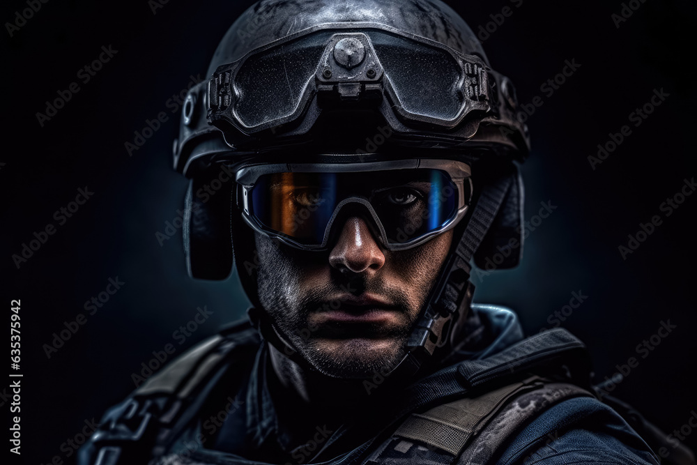 A close-up of a soldier's face, adorned with a helmet, military goggles, and headphones, showcasing determination and preparedness. Generative AI, AI. A close-up of a soldier's face, adorned with a helmet, military goggles, and headphones, showcasing determination and preparedness. Generative AI, AI.