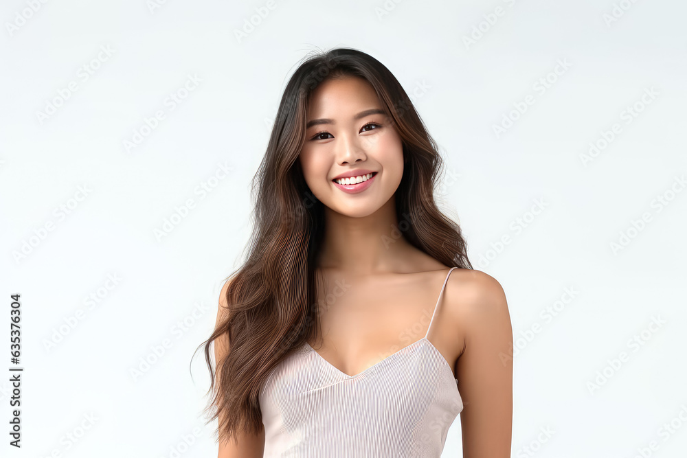Beautiful Asian woman smiling at the camera, confidently presenting herself with grace and charm. Generative Ai, Ai.