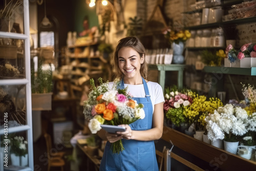 A happy woman dressed in an apron smiles at the camera against the backdrop of a flower shop, symbolizing the concept of women in business. Generative Ai, Ai. © Sebastian