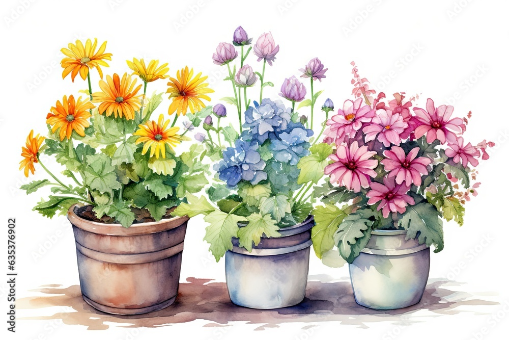 illustration of flowers in pots drawn with watercolors or paints in bright colors on a white background