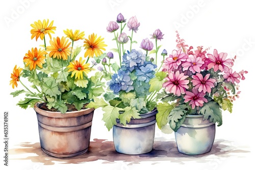 Wallpaper Mural illustration of flowers in pots drawn with watercolors or paints in bright colors on a white background Torontodigital.ca