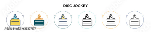Disc jockey icon in filled, thin line, outline and stroke style. Vector illustration of two colored and black disc jockey vector icons designs can be used for mobile, ui, web