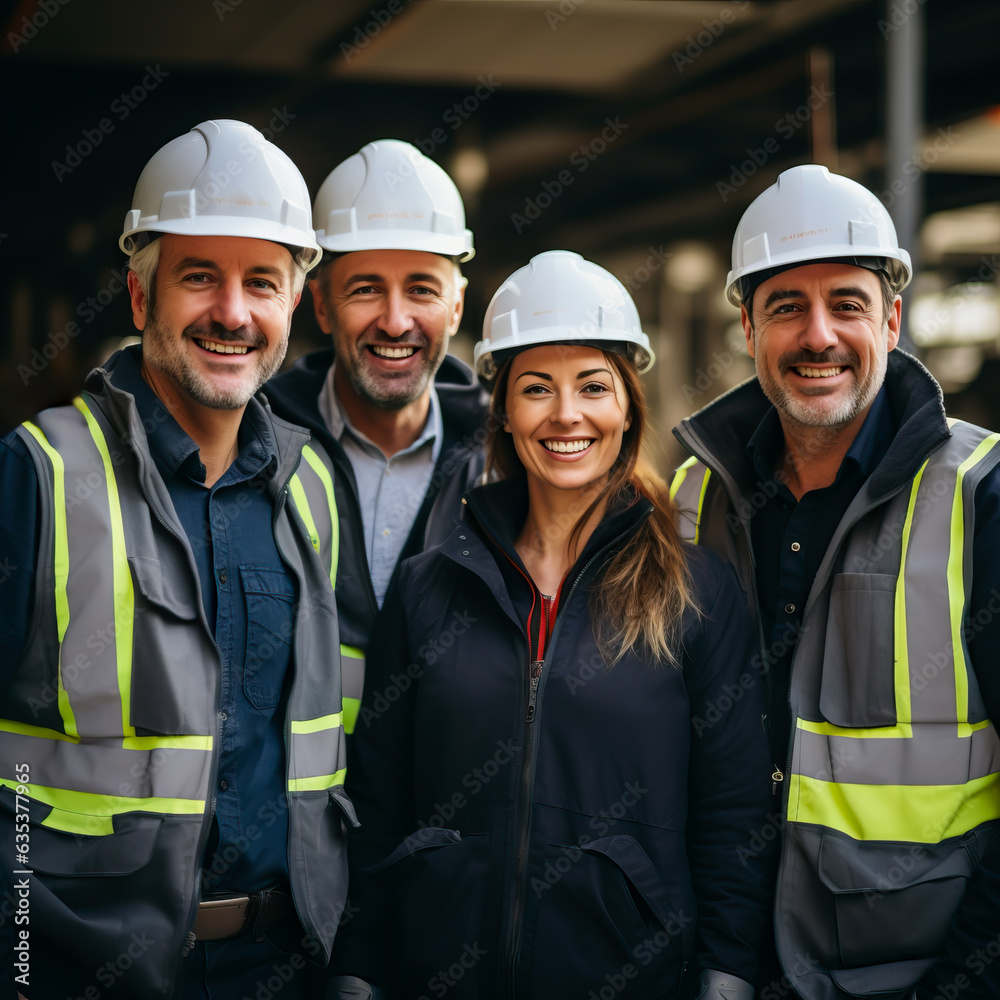 Team or group of construction workers, engineers or architects wearing hard hats and reflective vests at a construction site looking at a pad with plans for the project. Shallow field of view Team or group of construction workers, engineers or architects wearing hard hats and reflective vests at a construction site looking at a pad with plans for the project. Shallow field of view