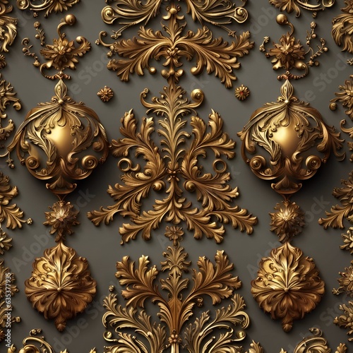 Magnificent royal predominantly golden round and natural ornaments, like floral patterns on a gray background. Noble and antique. Made with Generative AI
