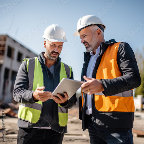 Team or group of construction workers, engineers or architects wearing hard hats and reflective vests at a construction site looking at a pad with plans for the project. Shallow field of view