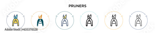 Pruners icon in filled, thin line, outline and stroke style. Vector illustration of two colored and black pruners vector icons designs can be used for mobile, ui, web