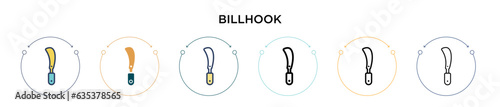 Billhook icon in filled, thin line, outline and stroke style. Vector illustration of two colored and black billhook vector icons designs can be used for mobile, ui, web