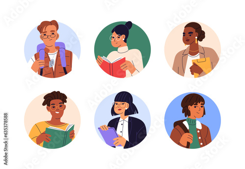 Smart women, men, face portraits set. Students, teachers, book readers, business people, experts, office worker, head avatars in circles. Flat graphic vector illustrations isolated on white background
