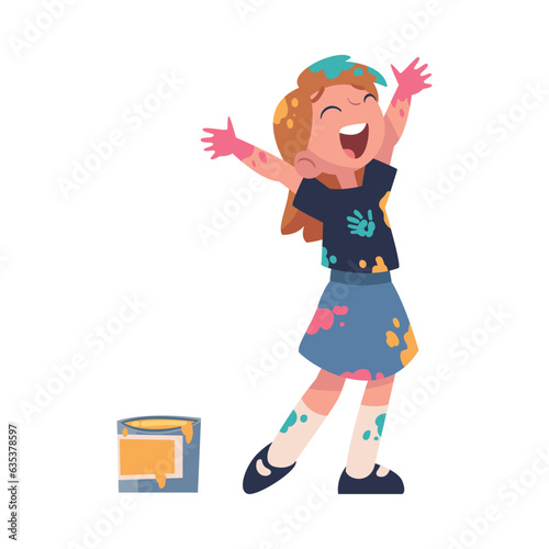 Happy Girl in Color Paints with Stains on Clothes Having Fun Vector Illustration