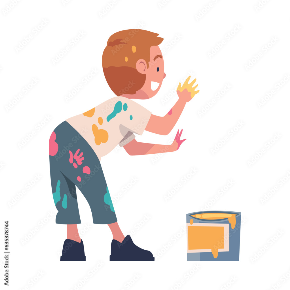 Happy Boy in Color Paints with Stains on Clothes Having Fun Vector Illustration