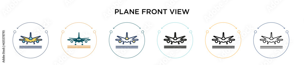 Plane front view icon in filled, thin line, outline and stroke style. Vector illustration of two colored and black plane front view vector icons designs can be used for mobile, ui, web