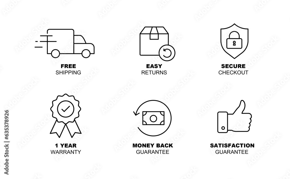 E-commerce Security Icon Set. Online shopping security Icons. Safe shopping online Icons. Worry-free shopping. Trustworthy E-commerce. Vector Icons. Fully Editable.