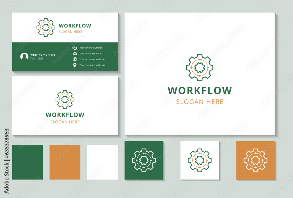 Workflow logo design with editable slogan. Branding book and business card template.