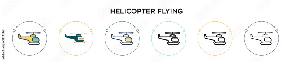 Helicopter flying icon in filled, thin line, outline and stroke style. Vector illustration of two colored and black helicopter flying vector icons designs can be used for mobile, ui, web