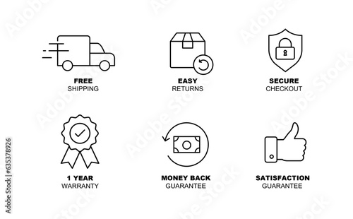 E-commerce Security Icon Set. Online shopping security Icons. Safe shopping online Icons. Worry-free shopping. Trustworthy E-commerce. Vector Icons. Fully Editable.