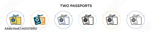 Two passports icon in filled, thin line, outline and stroke style. Vector illustration of two colored and black two passports vector icons designs can be used for mobile, ui, web