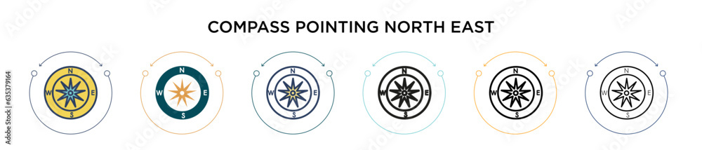 Compass pointing north east icon in filled, thin line, outline and stroke style. Vector illustration of two colored and black compass pointing north east vector icons designs can be used for mobile,