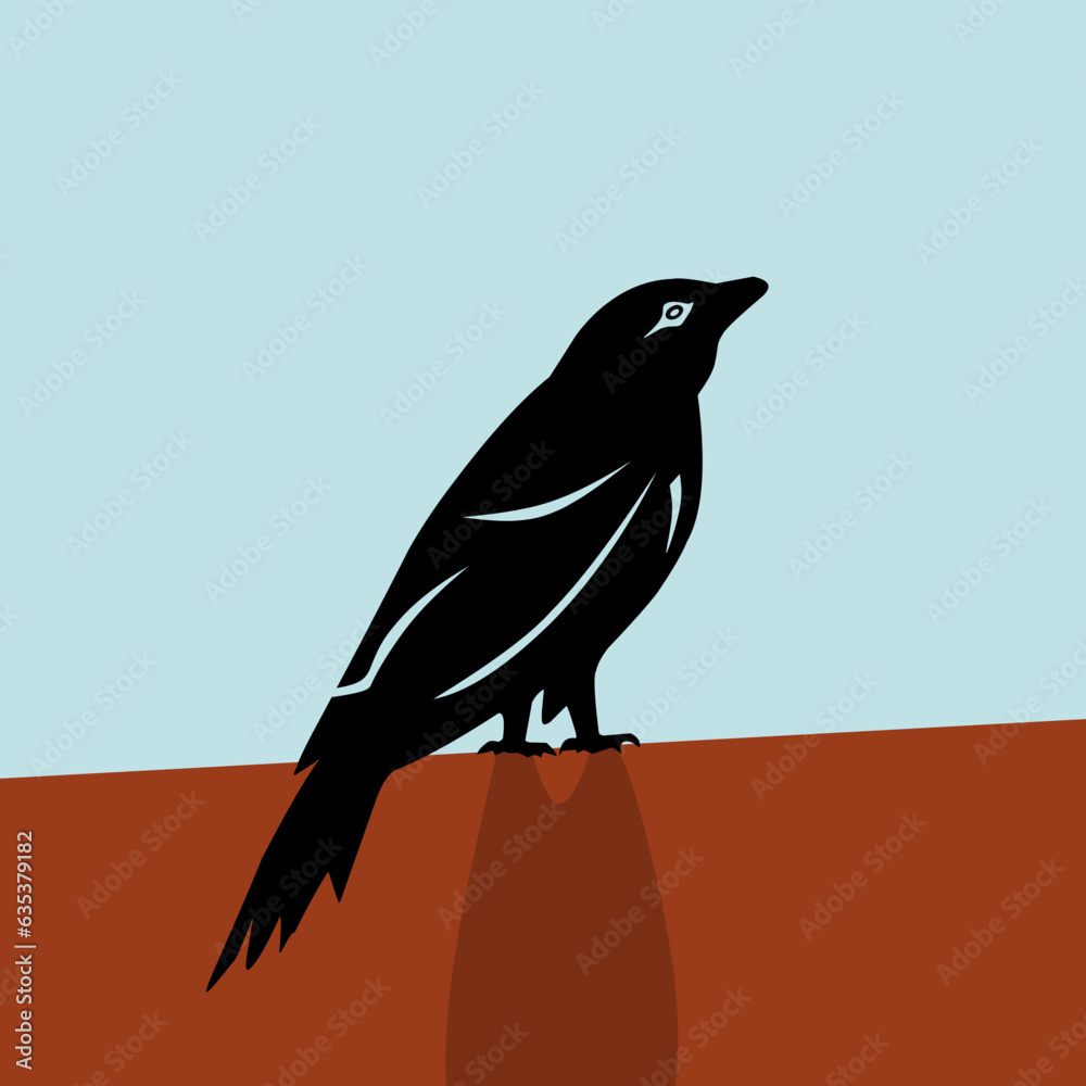 Fototapeta premium Animated vector illustration of a black bird on a brown blue background