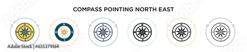 Compass pointing north east icon in filled, thin line, outline and stroke style. Vector illustration of two colored and black compass pointing north east vector icons designs can be used for mobile,