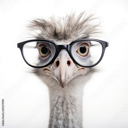 ostrich wearing glasses on white background