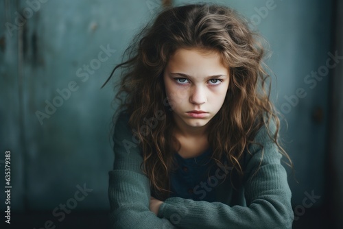 Portrait of a teenage girl, she looks very sad and scared.