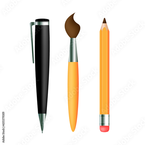 Realistic set of pencils, pens, and brushes for drawing. isolated on white background.School set