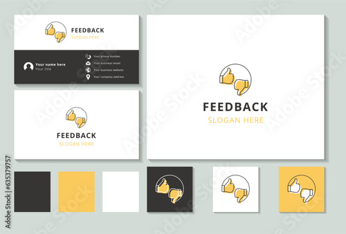 Feedback logo design with editable slogan. Branding book and business card template.