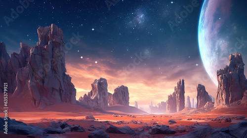 Fantastic art wallpaper. Alien landscape. Sci-fi illustration. Strange rock formations. Alien sky. Fantasy scene.