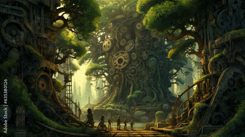 Clockwork Jungle. A dense forest where the trees are made of gears and cogs, and mechanical animals roam. Generative AI