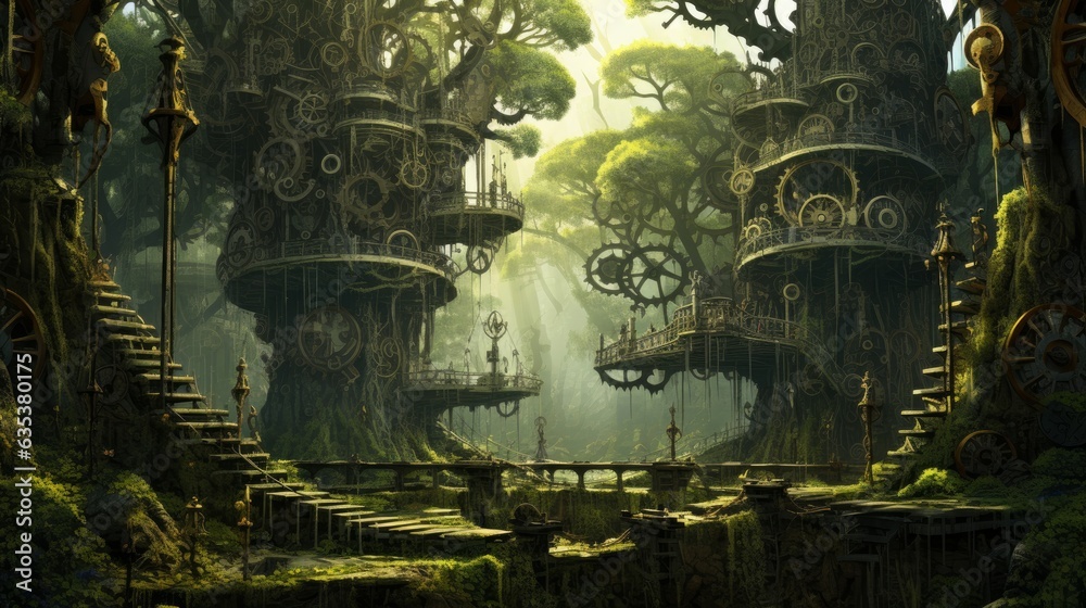 Clockwork Jungle. A dense forest where the trees are made of gears and