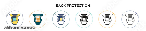 Back protection icon in filled, thin line, outline and stroke style. Vector illustration of two colored and black back protection vector icons designs can be used for mobile, ui, web