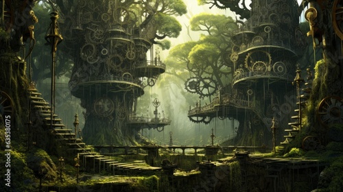 Clockwork Jungle. A dense forest where the trees are made of gears and cogs  and mechanical animals roam. Generative AI